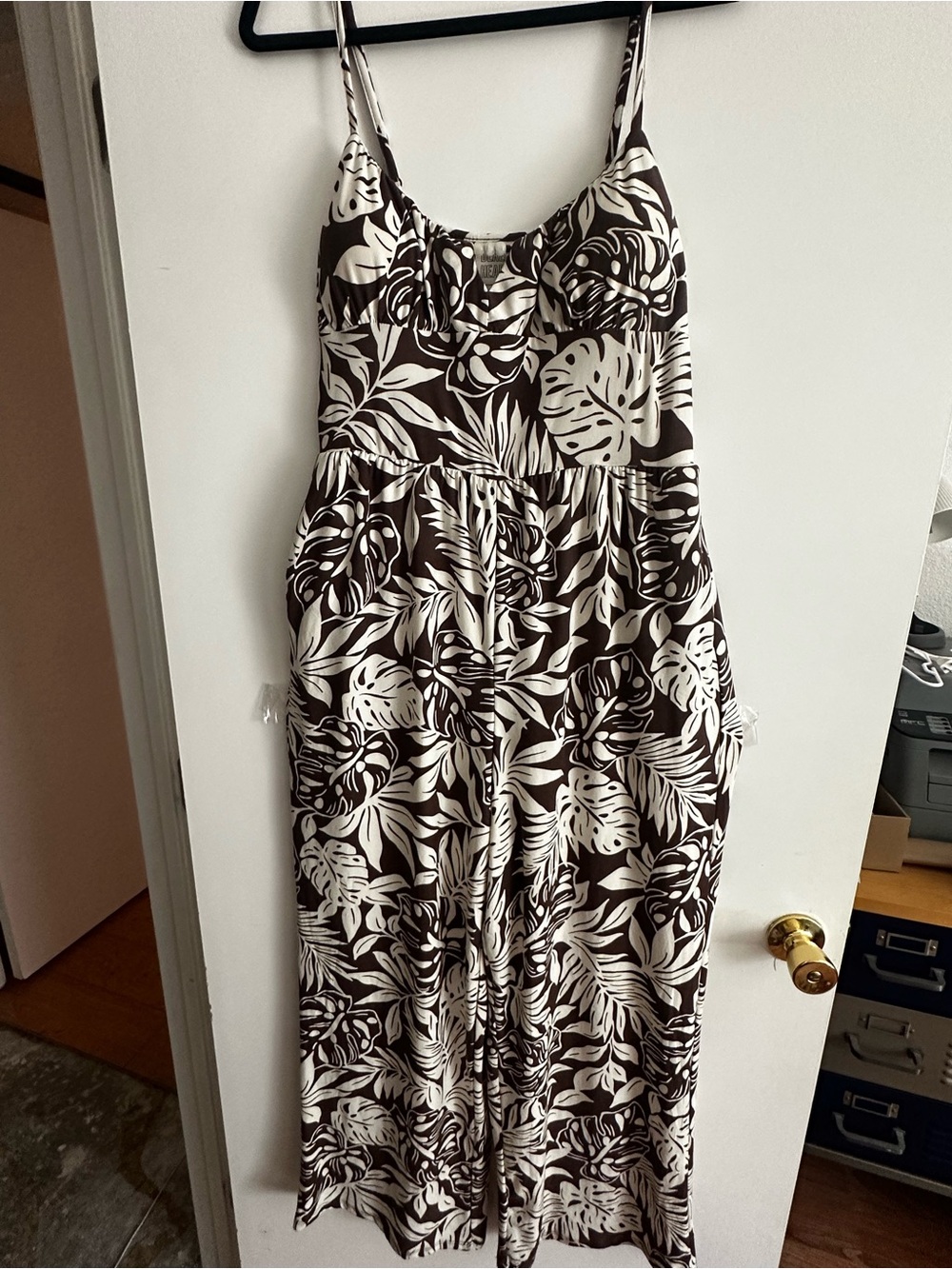 Brown and White Tropical Print Spaghetti-Straps Jumpsuit
